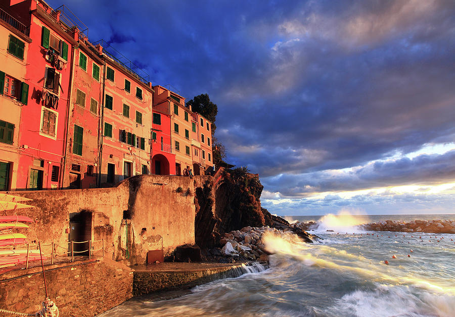 Sunset Digital Art - Liguria, Riomaggiore, Italy by Davide Carlo Cenadelli