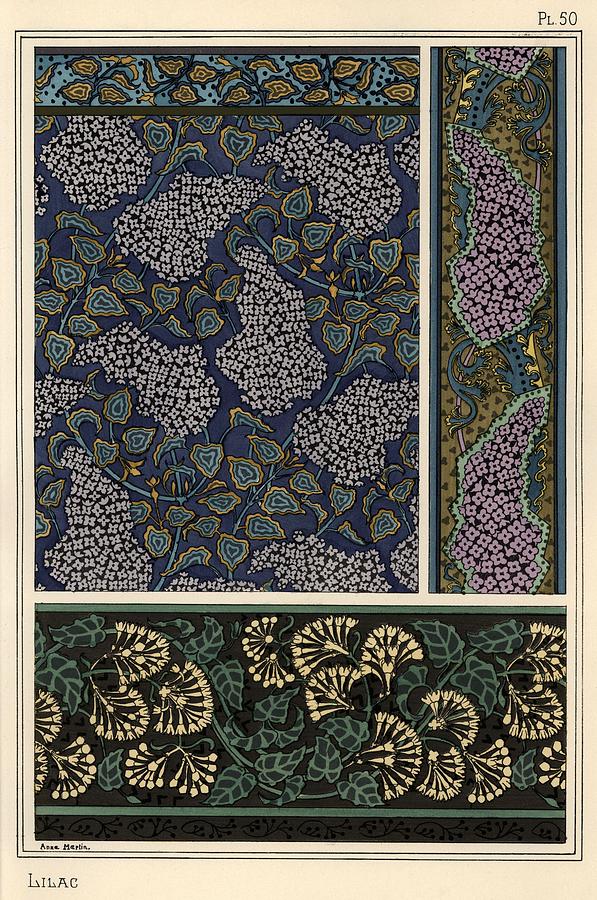Lilac in art nouveau patterns for wallpaper and fabric. Lithograph by Anna Martin. Drawing by Album
