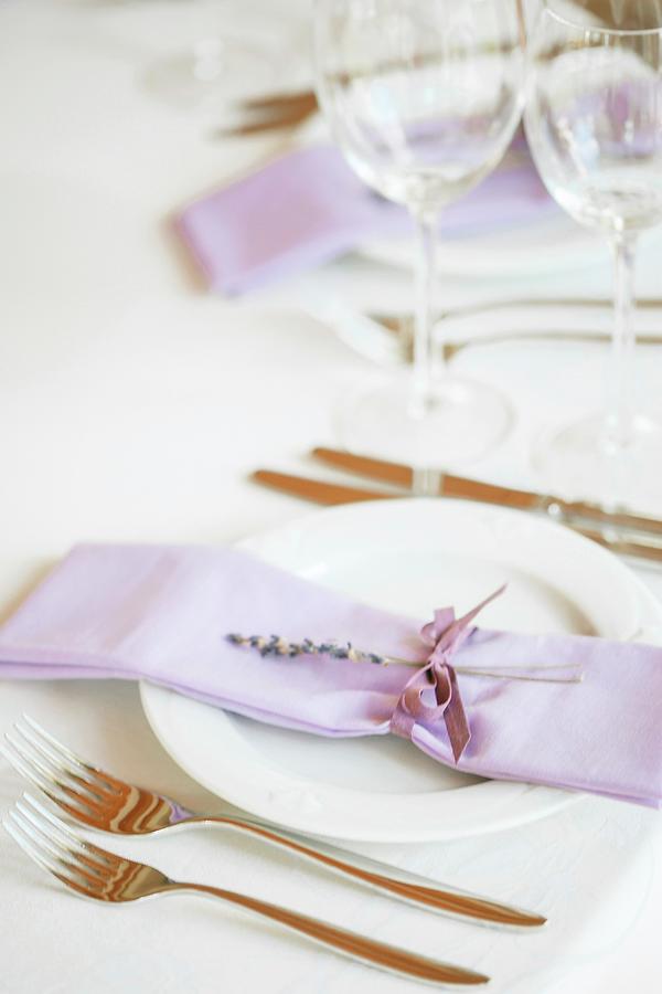 Lilac Line Napkin With Sprig Of Lavender On Festive Place Setting Photograph by Elizaveta Dogadaeva