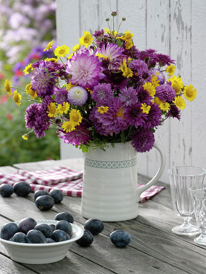 Lilac-yellow Late Summer Bouquet In Jug Photograph by Friedrich Strauss