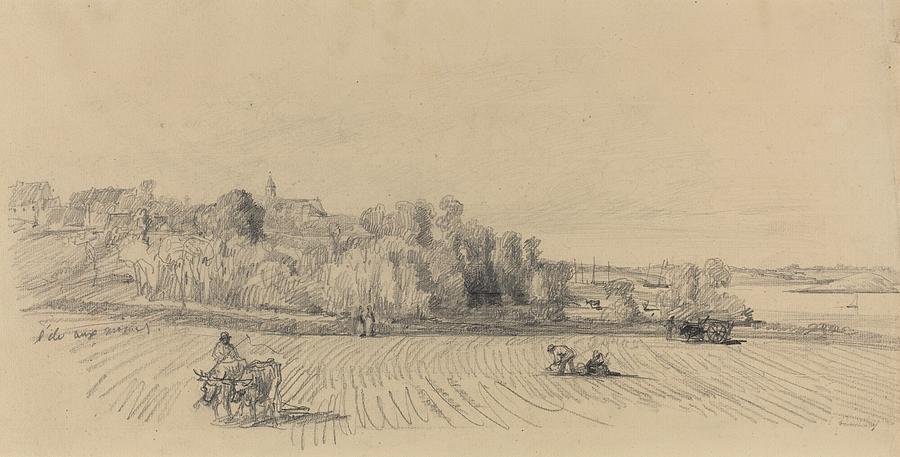 Lile Aux Moines With Workers In A Field, 1858 Painting