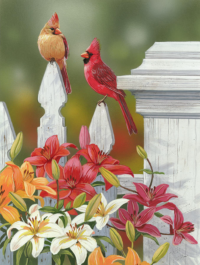 Bird Painting - Lilies And Cardinals by William Vanderdasson