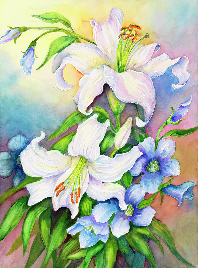 Flowers Still Life Painting - Lilies And Prairie Gentian by Joanne Porter