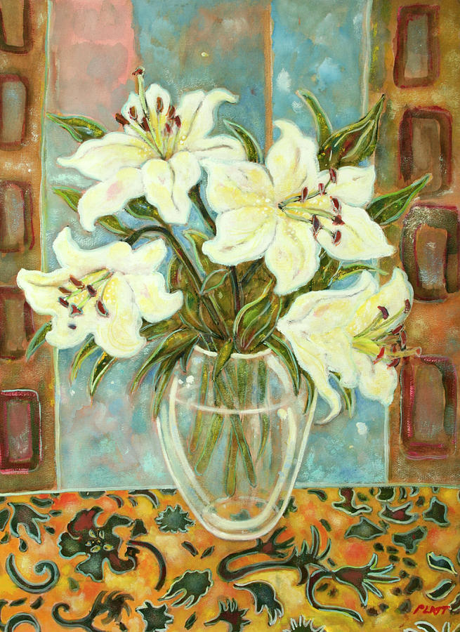 Flower Painting - Lilies On Gold Swirl Cloth by Lorraine Platt