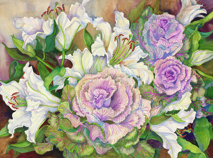 Lilies With Ornamental Cabbage Painting by Joanne Porter