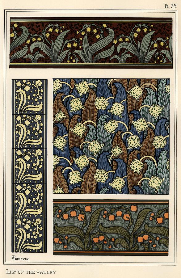 Lily in patterns for borders, ceramic tiles and stained glass. Lithograph by A. Poidevin. Drawing by Album