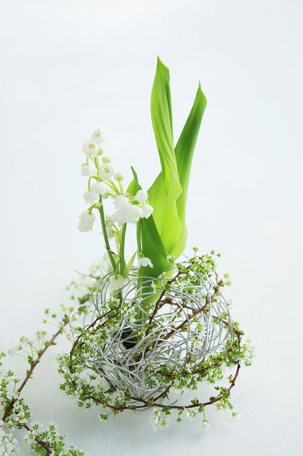 Lily Of The Valley & Spiraea In Ball Of Aluminium Wire Photograph by Martina Schindler