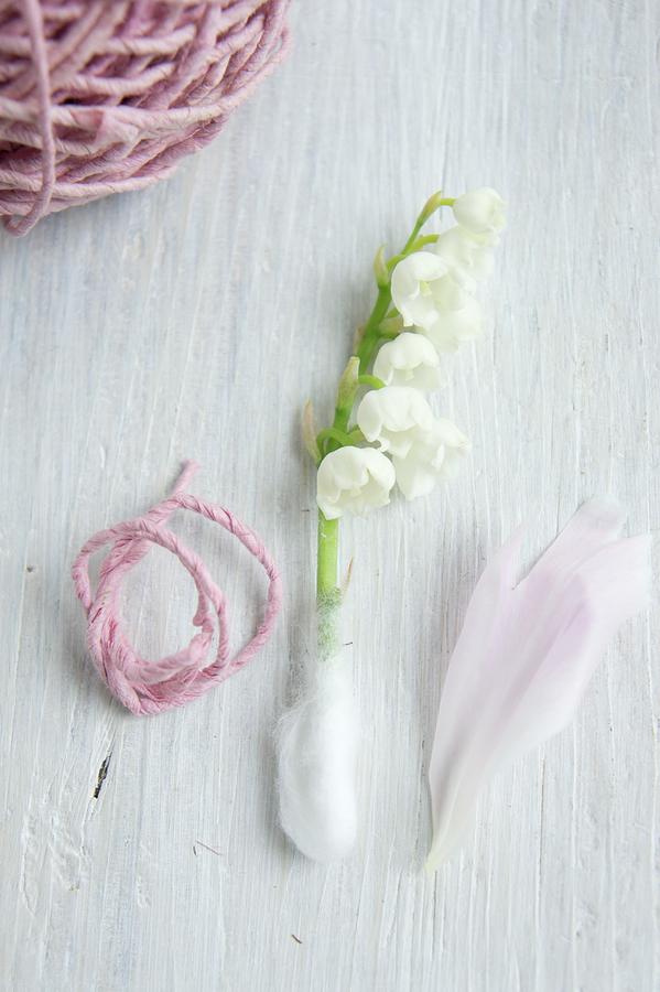 Lily-of-the-valley With Stem Wrapped In Cotton Wool, Pink Woollen Yarn And Peony Petal Photograph by Martina Schindler