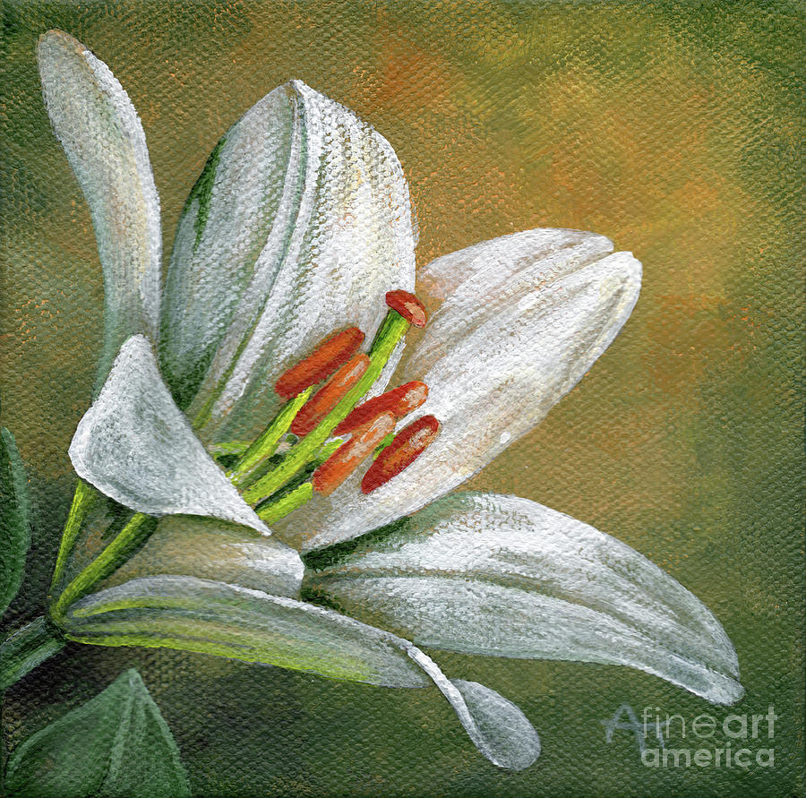 Lily White Flower - left Painting by Annie Troe