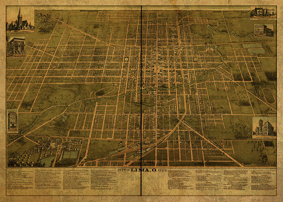 Lima Ohio Vintage City Street Map 1892 Design Turnpike 