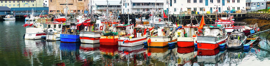 Line Up of Fishing Boats Painting Photograph by Debra and Dave Vanderlaan