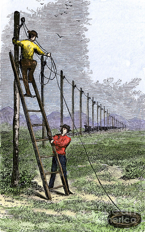 Line Drawing - Line Workers Installing Telegraph Cables Along The Transcontinental Great Plains Railway In The United States, 1860s Colourful Engraving Of The 19th Century by American School