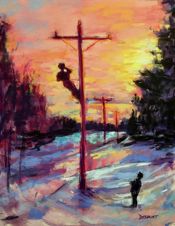 Sunset Painting - Lineman by Linda Dessaint
