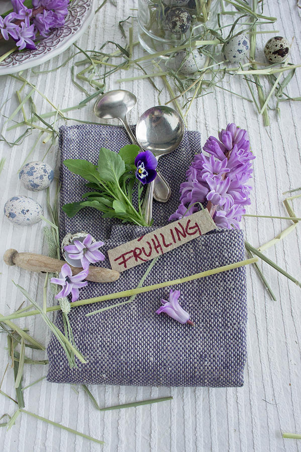 Linen Napkin Folded Into Cutlery Pouch, Hyacinths And Violas Photograph by Martina Schindler