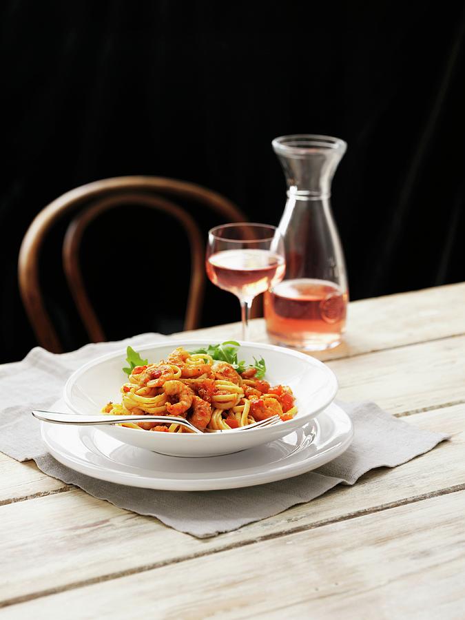 Linguine With Chilli Prawns, Rocket And Rosé Wine Photograph By Frank ...