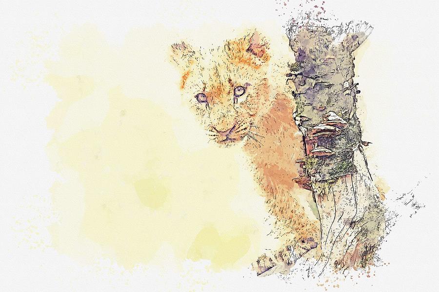 lion cub -  watercolor by Ahmet Asar Painting by Celestial Images