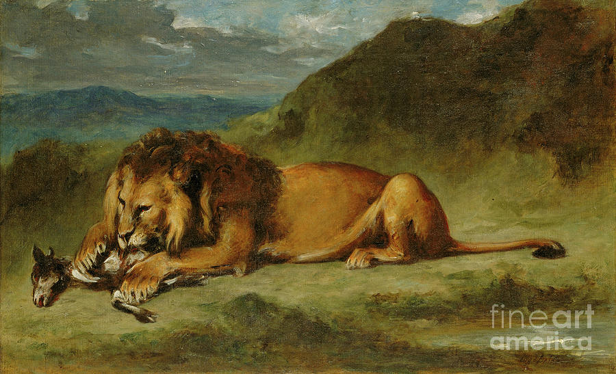 Lion Devouring A Goat, C.1850 Painting by Delacroix