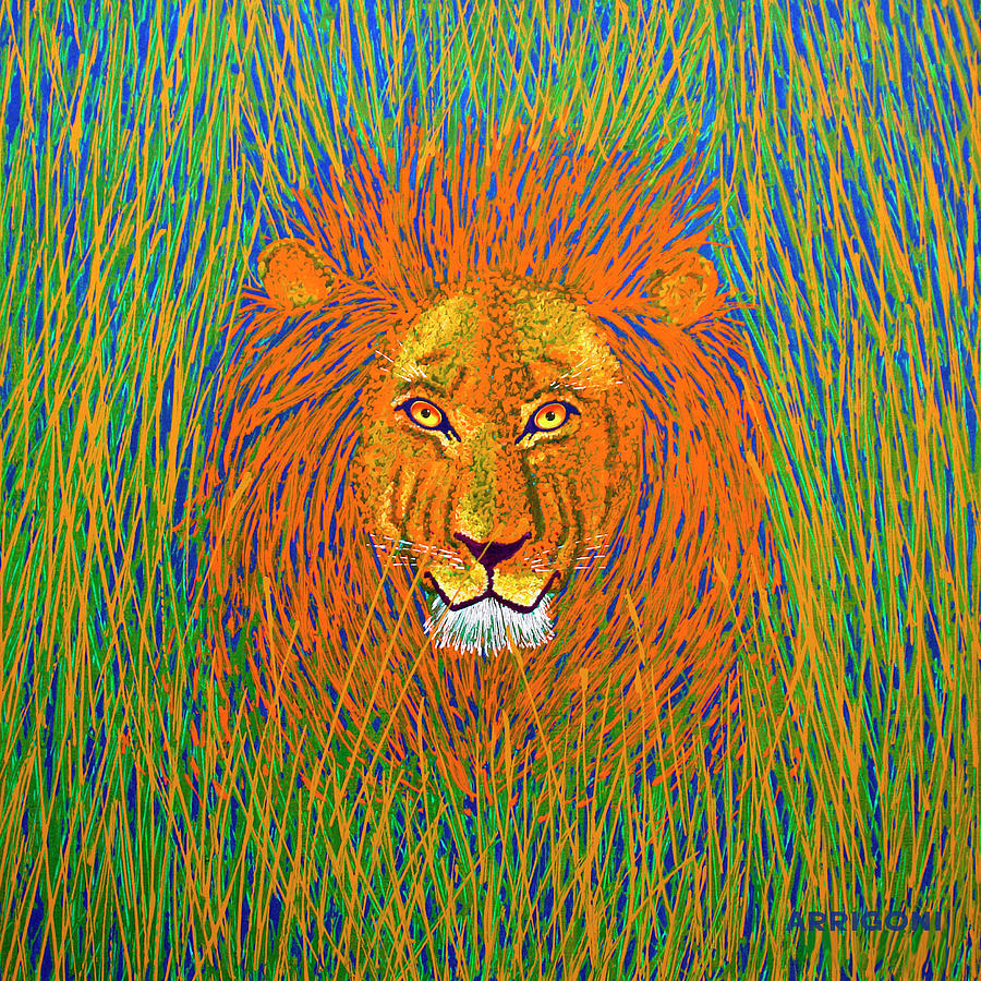 Lion in the Grass Painting by David Arrigoni