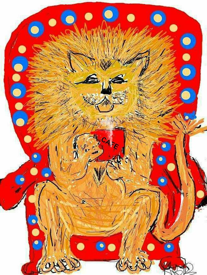 Lion on his Throne with Coffee Drawing by Kathy Barney
