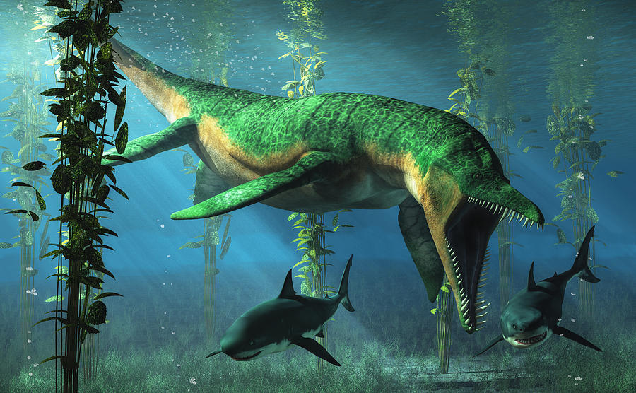 Prehistoric Digital Art - Liopleurodon Chasing Sharks by Daniel Eskridge