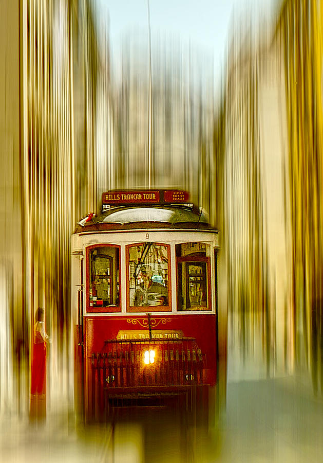 Abstract Photograph - Lisboa Streetcar And Red Woman. by Gregor Szalay