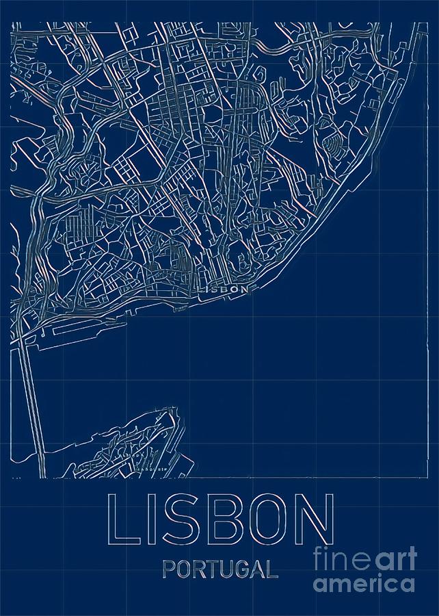Lisbon Blueprint City Map Digital Art by HELGE Art Gallery