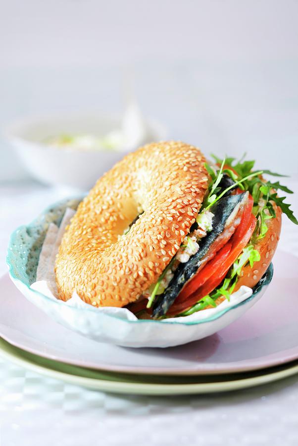 Lisette, Tomato, Rocket Lettuce And Cucumber Fromage Blanc Bagel Sandwich Photograph by Fleurent