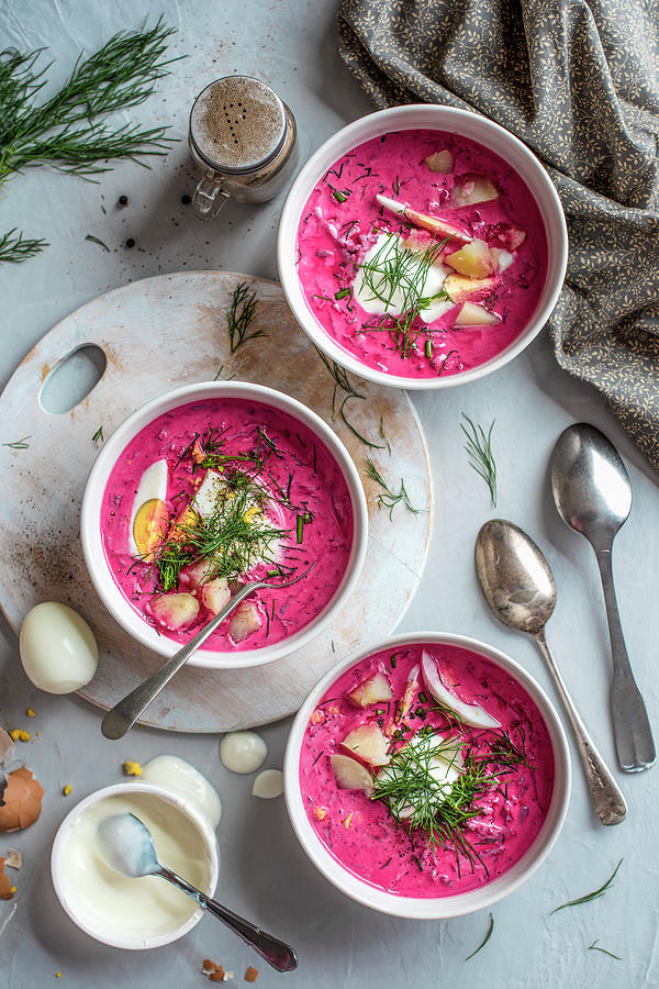 Lithuanian Chilled Beetroot Soup With Potatoes, Eggs And Dill. Photograph by Magdalena Hendey