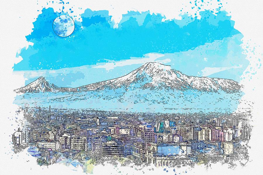 Little Ararat and Greater Ararat  View from Yerevan, Armenia 2  c2019,  c2019, watercolor by Adam As Painting by Celestial Images