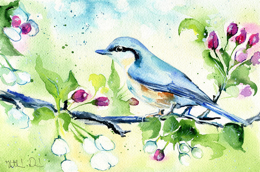 Little Blue Spring Bird Painting by Dora Hathazi Mendes