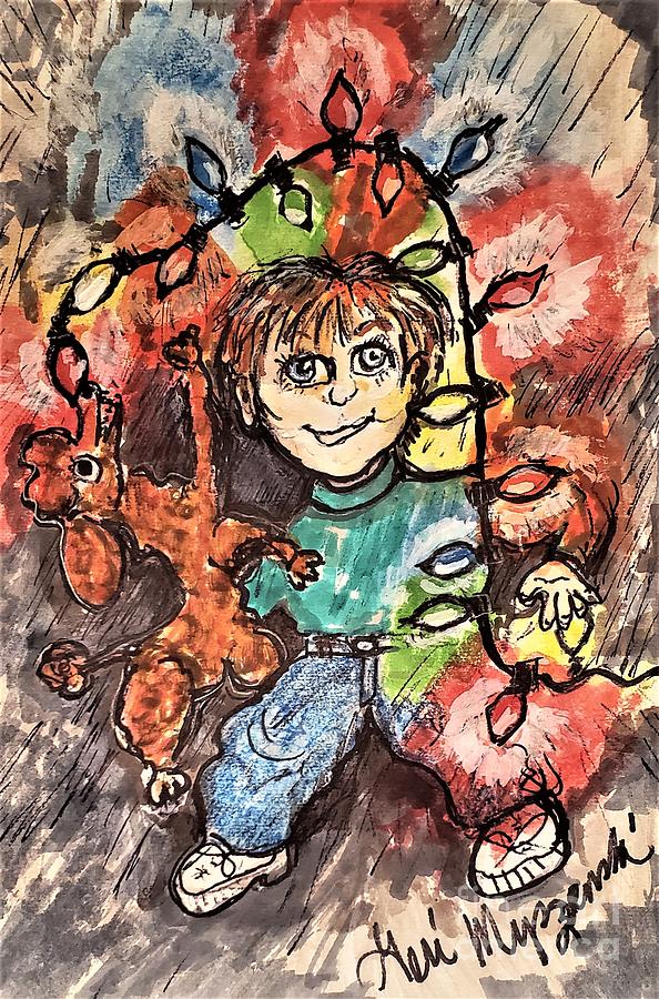 Little Boy And His Dog Testing The Christmas Lights Mixed Media