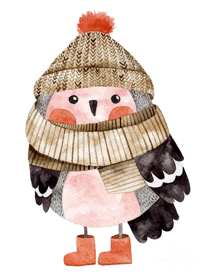 Illustrations Digital Art - Little Cute Bullfinch With Winter Hat by Maria Sem Illustrations Digital Art - Little Cute Bullfinch With Winter Hat by Maria Sem
