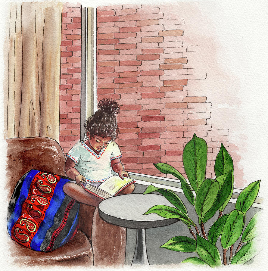 Little Ethiopian Girl Reads A Book Watercolor Painting by Irina Sztukowski