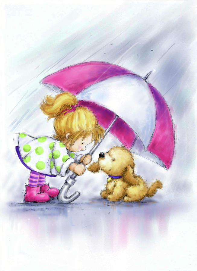 Animal Mixed Media - Little Girl And Dog Under Umbrella by Makiko