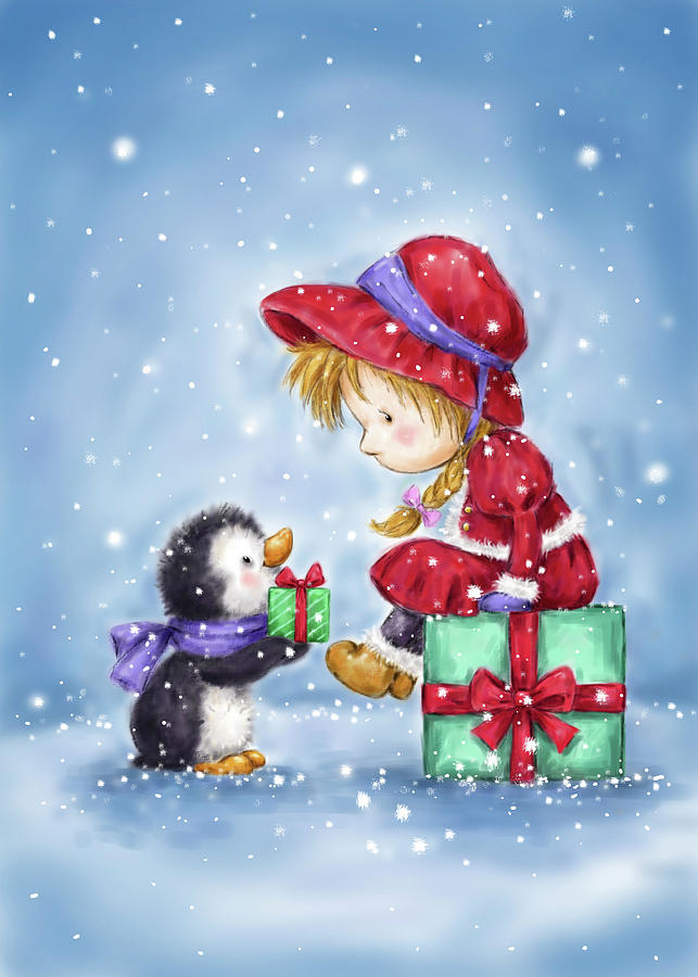 Penguin Mixed Media - Little Girl And Penguin 1 by Makiko