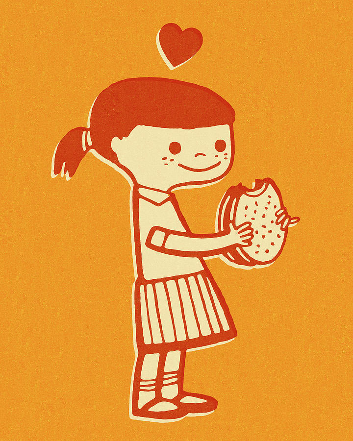 Vintage Drawing - Little Girl Eating Hamburger by CSA Images
