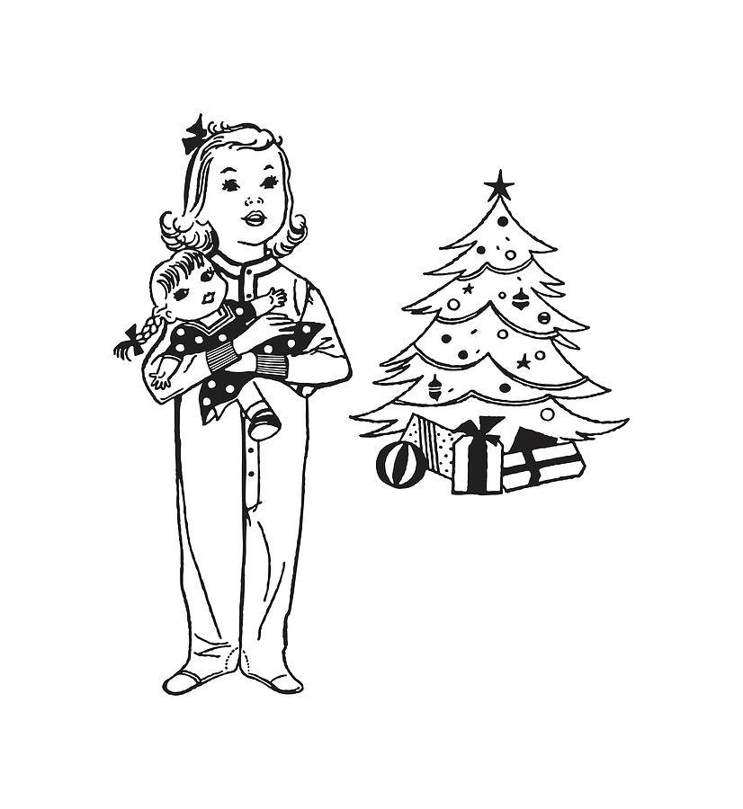 Black And White Drawing - Little Girl Holding Doll at Christmas by CSA Images