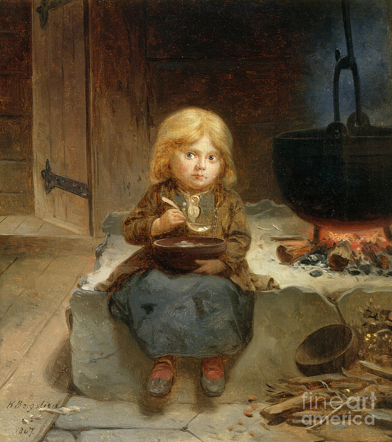Little girl in open fire room Painting by O Vaering by Knud Bergslien