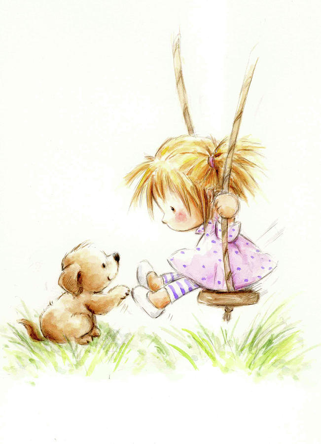 Dog Mixed Media - Little Girl On Swing With Dog by Makiko