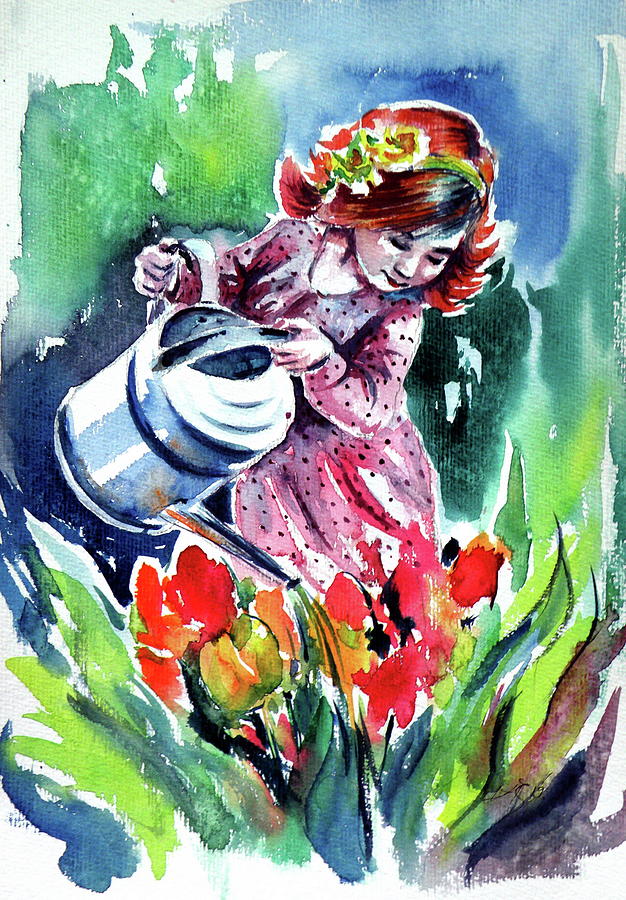 Flowers Still Life Painting - Little girl with flowers by Kovacs Anna Brigitta