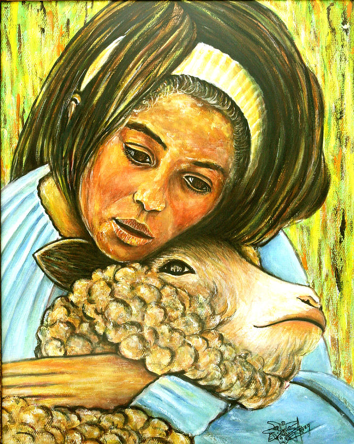 Little Girl With Lamb Painting by Jackie Nourigat