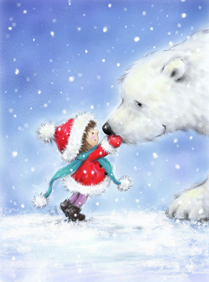 Winter Mixed Media - Little Girl With Polar Bear by Makiko