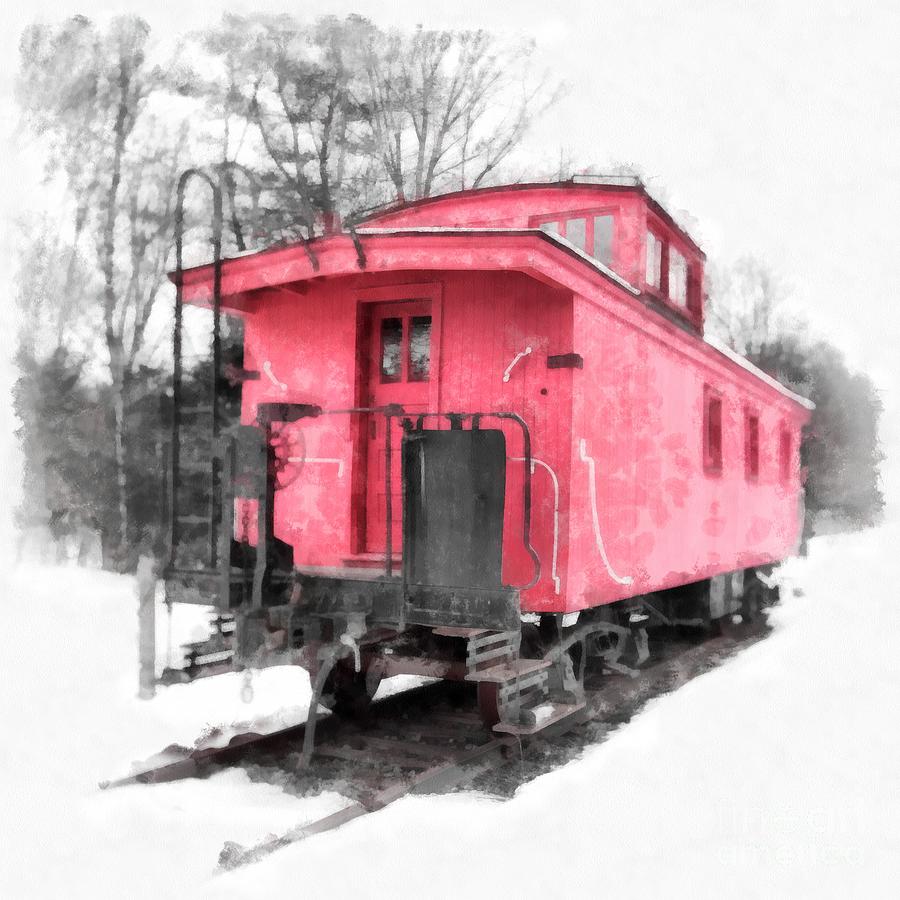 Winter Photograph - Little Red Caboose Watercolor by Edward Fielding