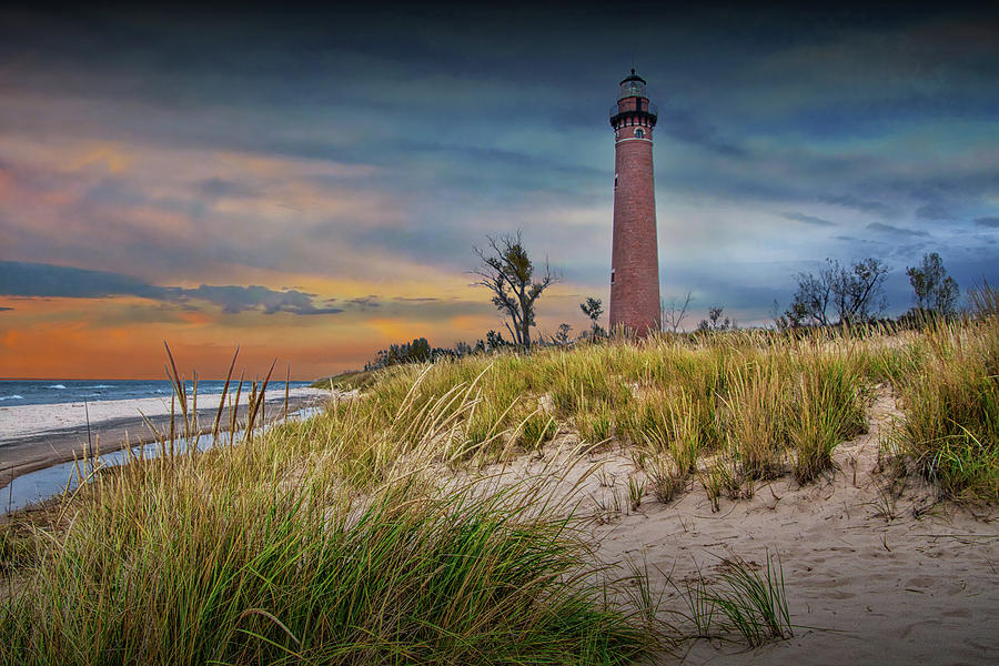 Little Sable Lighthouse at Sunset on Lake Michigan by Silver Lake Photograph by Randall Nyhof
