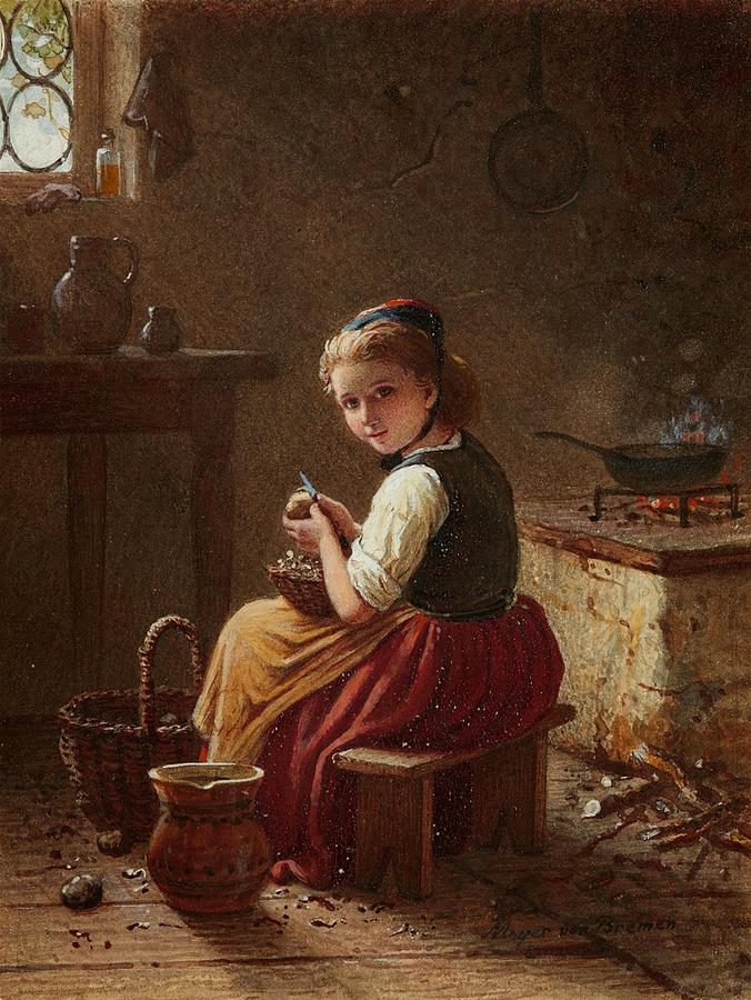 Little Scullery Maid Peeling Potatoes  Painting by Meyer von Bremen