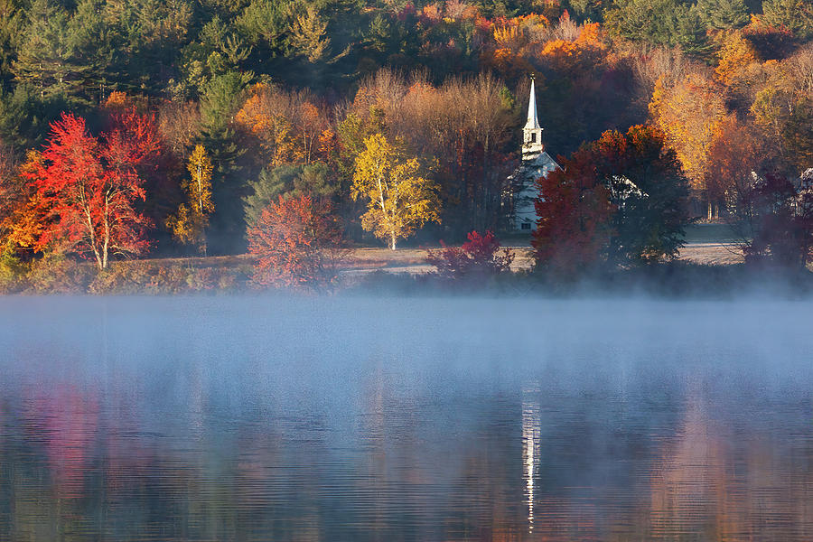 Landscape Photograph - Little white church on Crystal lake by Jeff Folger
