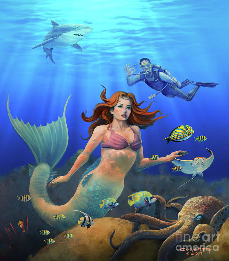 Littleton Mermaid Compilation diver photo bomb  Painting by Robert Corsetti