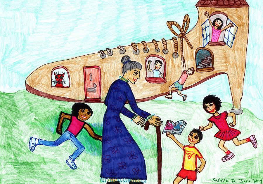 Nursery Rhyme Drawing - Lived in a Shoe 1 by Sushila Burgess Nursery Rhyme Drawing - Lived in a Shoe 1 by Sushila Burgess