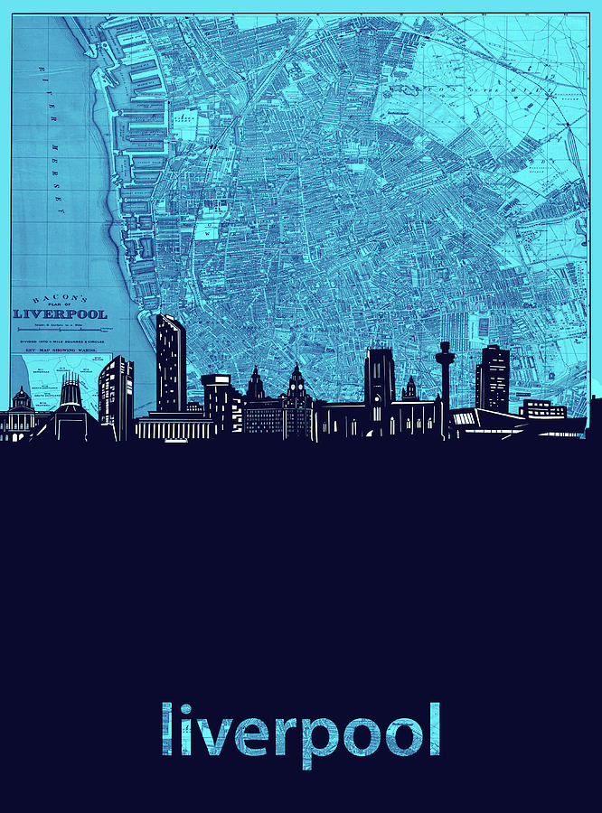 Skyline Digital Art - Liverpool Skyline Map Turquoise by Bekim M