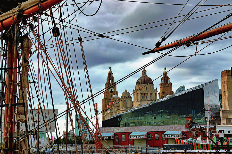 Liverpool Waterfront Through The Rigging Of A Sailing Ship Photograph by Jeff Townsend
